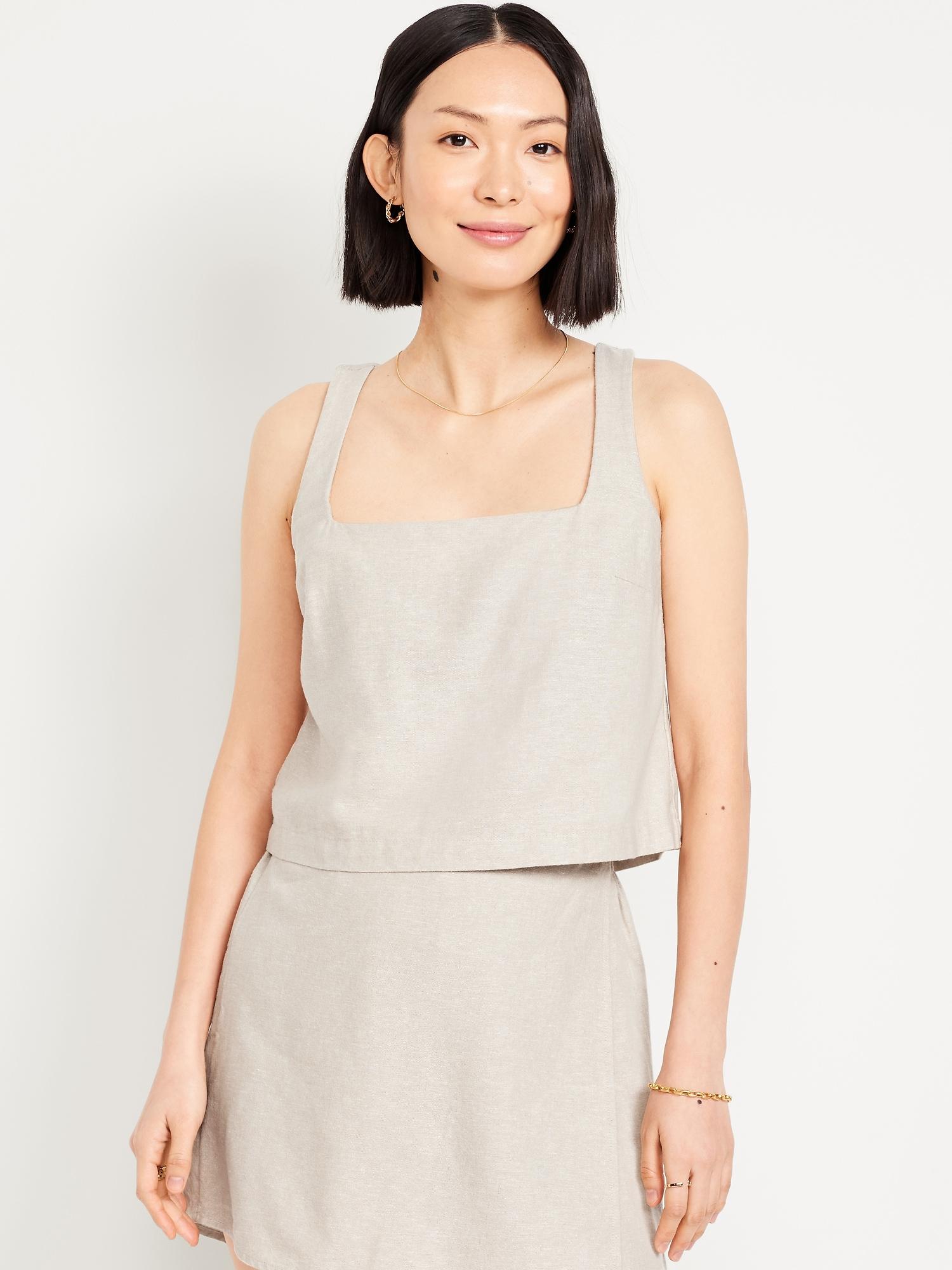 square-neck linen-blend crop tank top