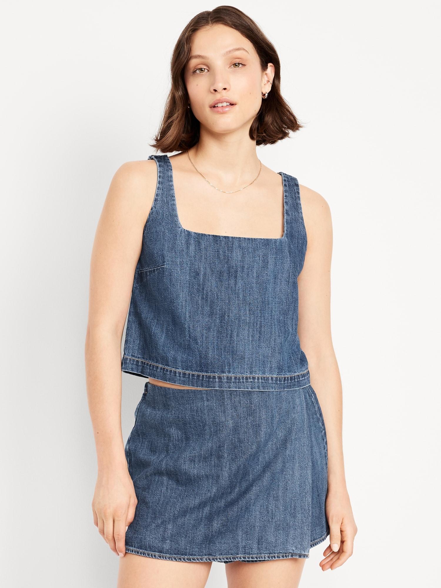 square-neck linen-blend crop tank top