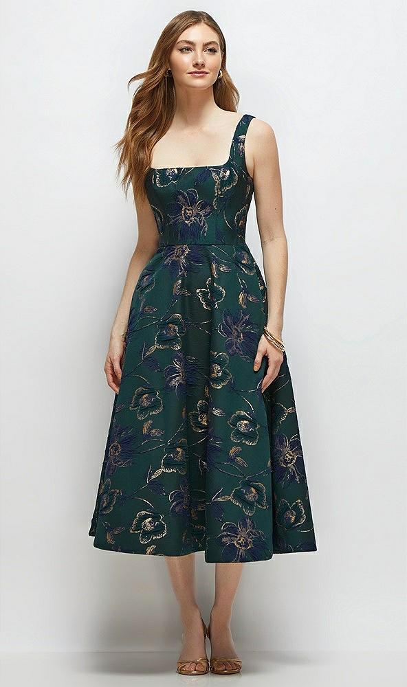 square neck oscar metallic floral jacquard midi dress