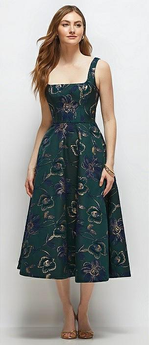 square neck oscar metallic floral jacquard midi dress