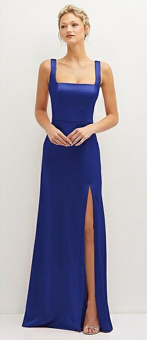square-neck satin a-line maxi dress with front slit