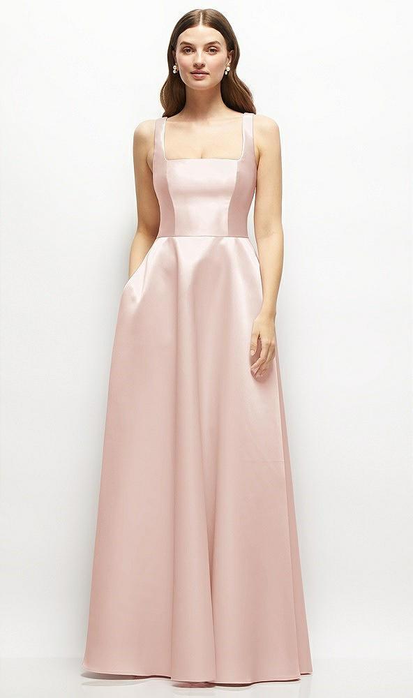 square-neck satin maxi dress with full skirt
