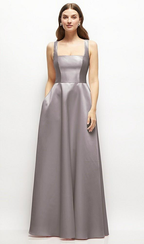 square-neck satin maxi dress with full skirt