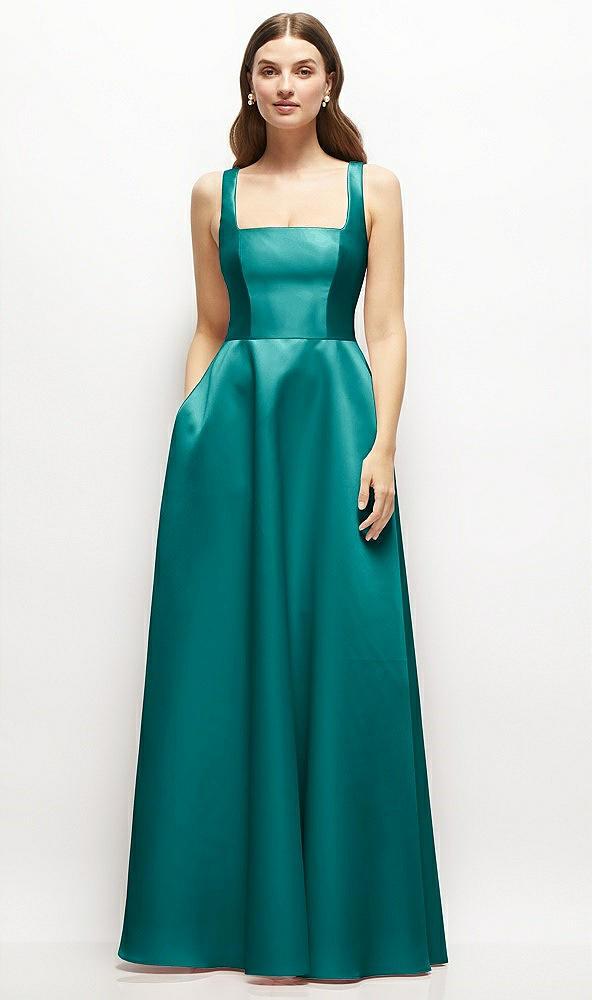 square-neck satin maxi dress with full skirt