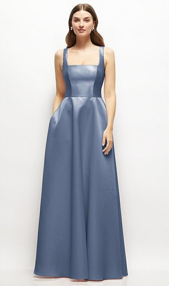 square-neck satin maxi dress with full skirt