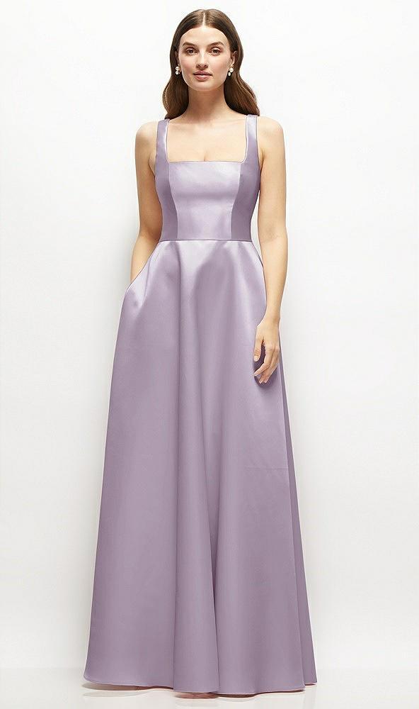 square-neck satin maxi dress with full skirt