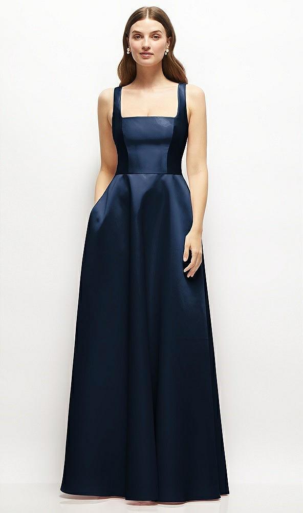 square-neck satin maxi dress with full skirt