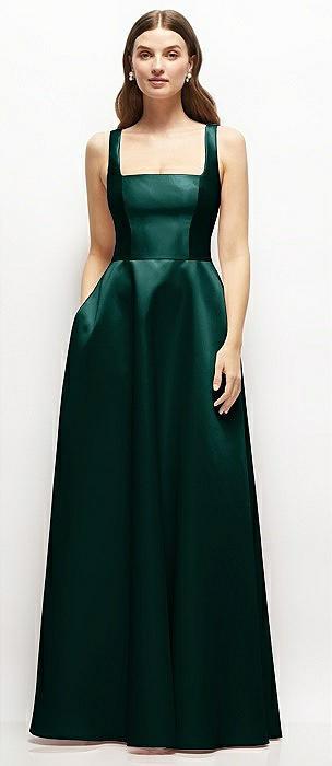 square-neck satin maxi dress with full skirt