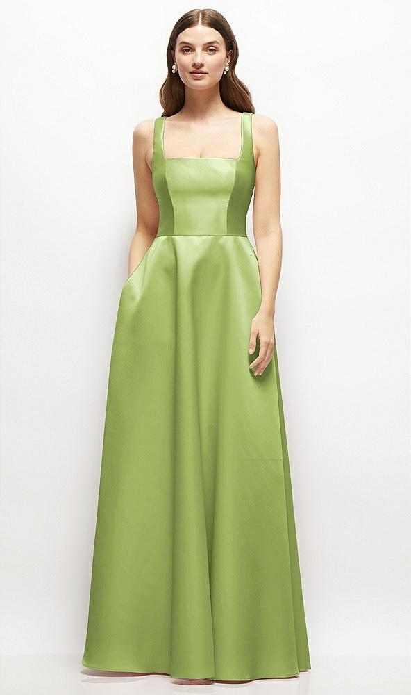 square-neck satin maxi dress with full skirt