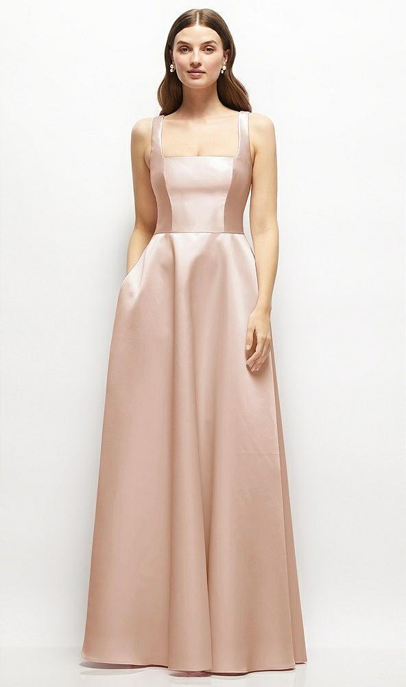 square-neck satin maxi dress with full skirt