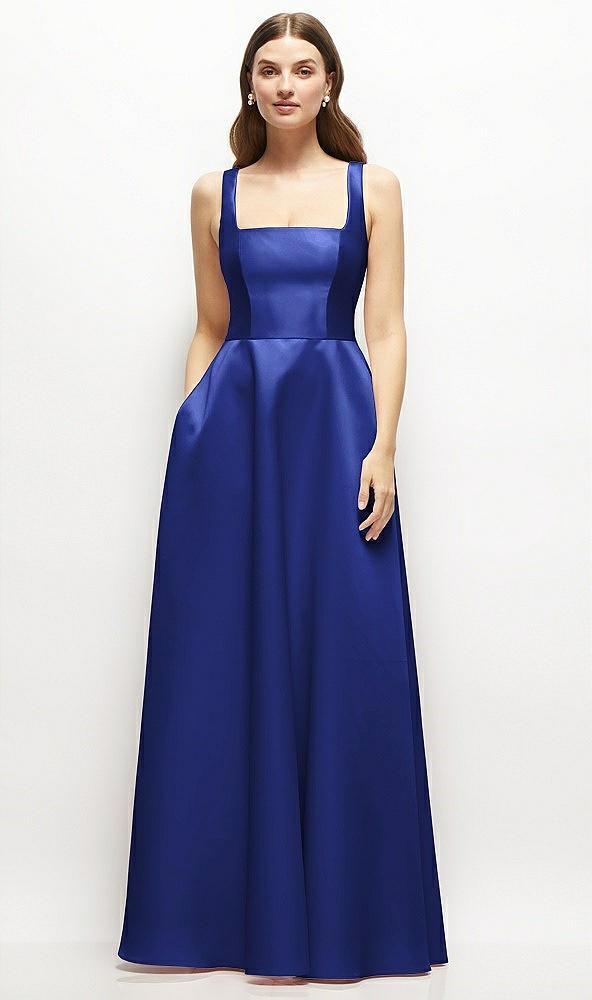 square-neck satin maxi dress with full skirt