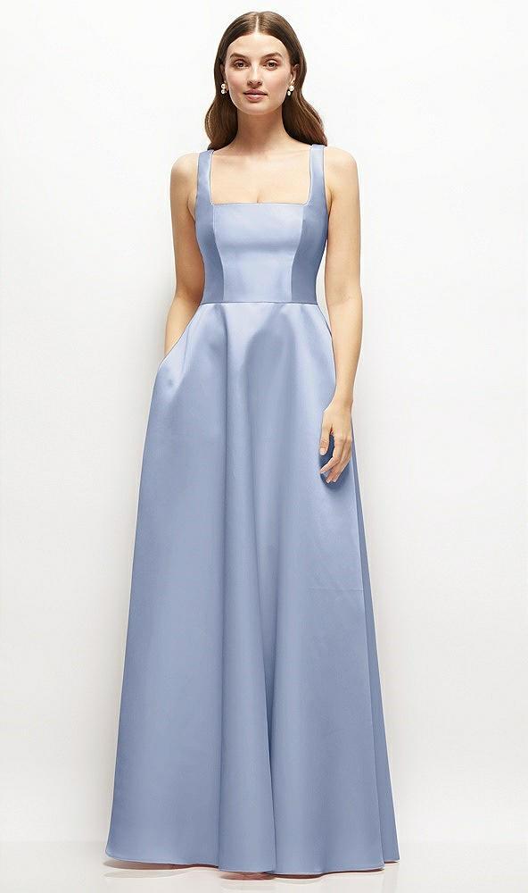 square-neck satin maxi dress with full skirt