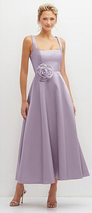square neck satin midi dress with full skirt & flower sash