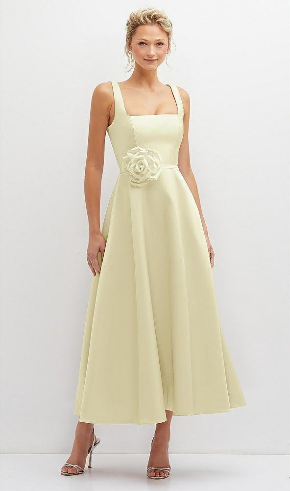 square neck satin midi dress with full skirt & flower sash