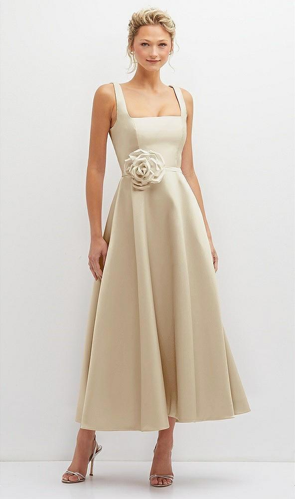 square neck satin midi dress with full skirt & flower sash