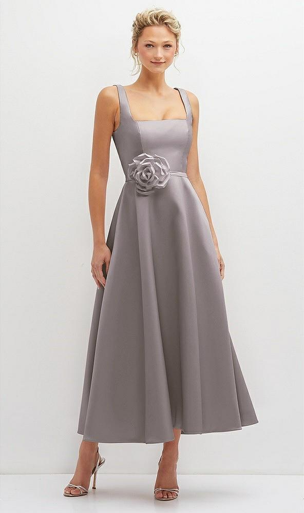 square neck satin midi dress with full skirt & flower sash