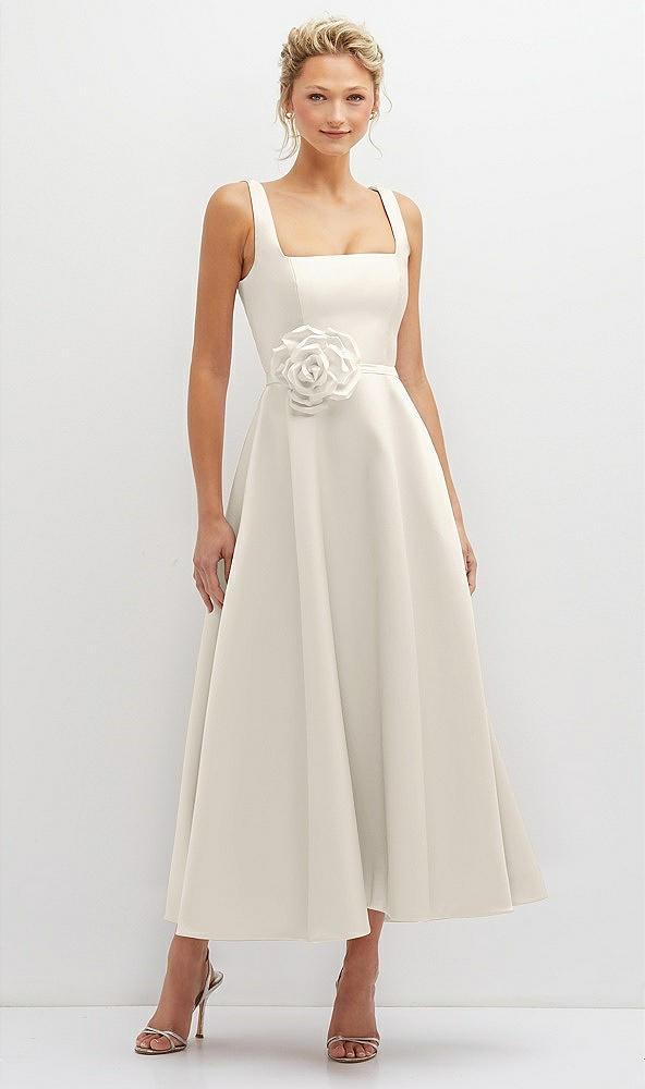 square neck satin midi dress with full skirt & flower sash