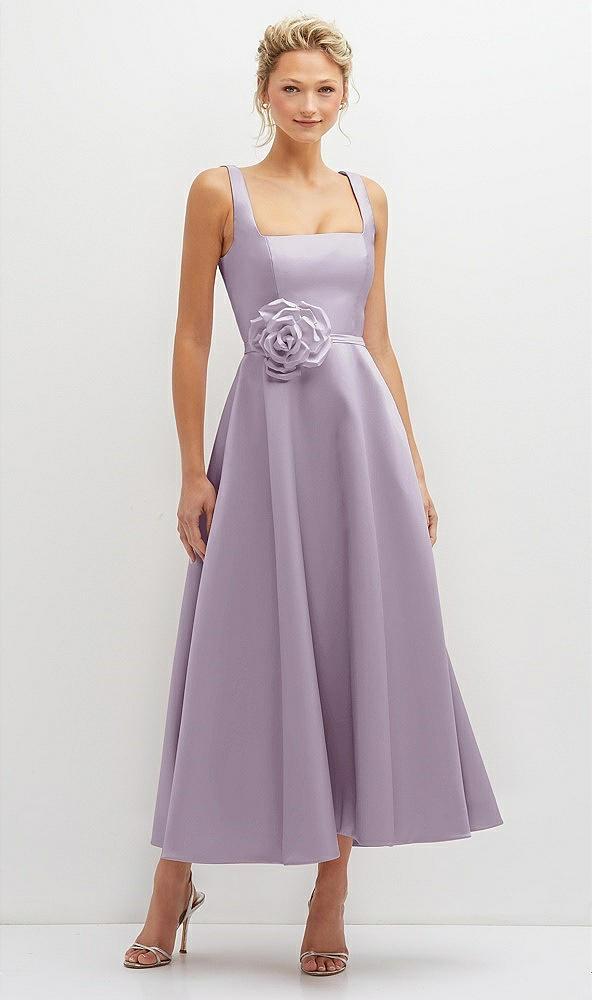square neck satin midi dress with full skirt & flower sash