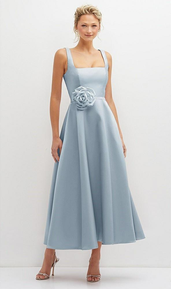 square neck satin midi dress with full skirt & flower sash