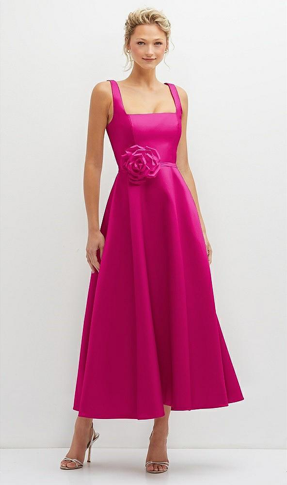 square neck satin midi dress with full skirt & flower sash