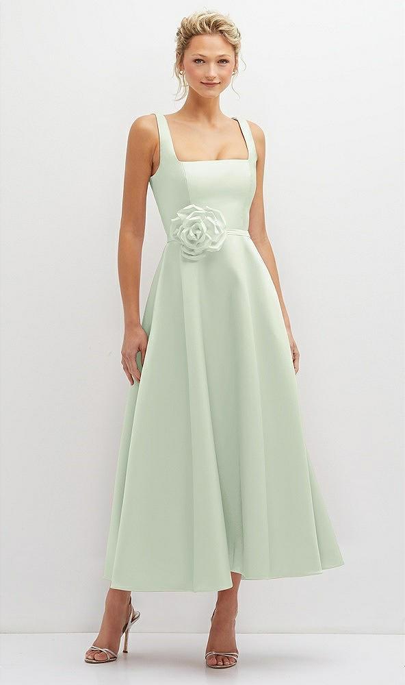 square neck satin midi dress with full skirt & flower sash