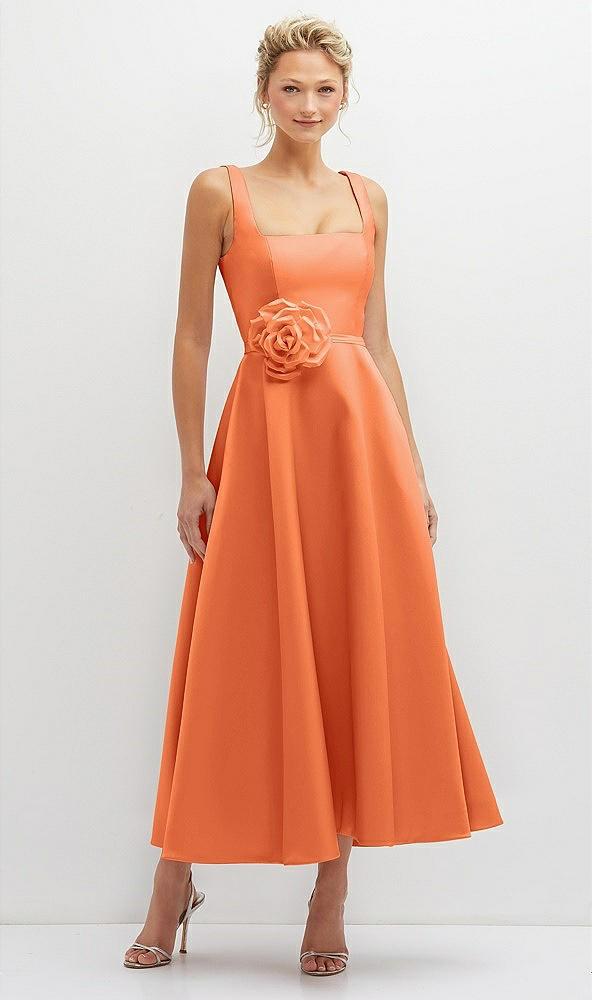 square neck satin midi dress with full skirt & flower sash