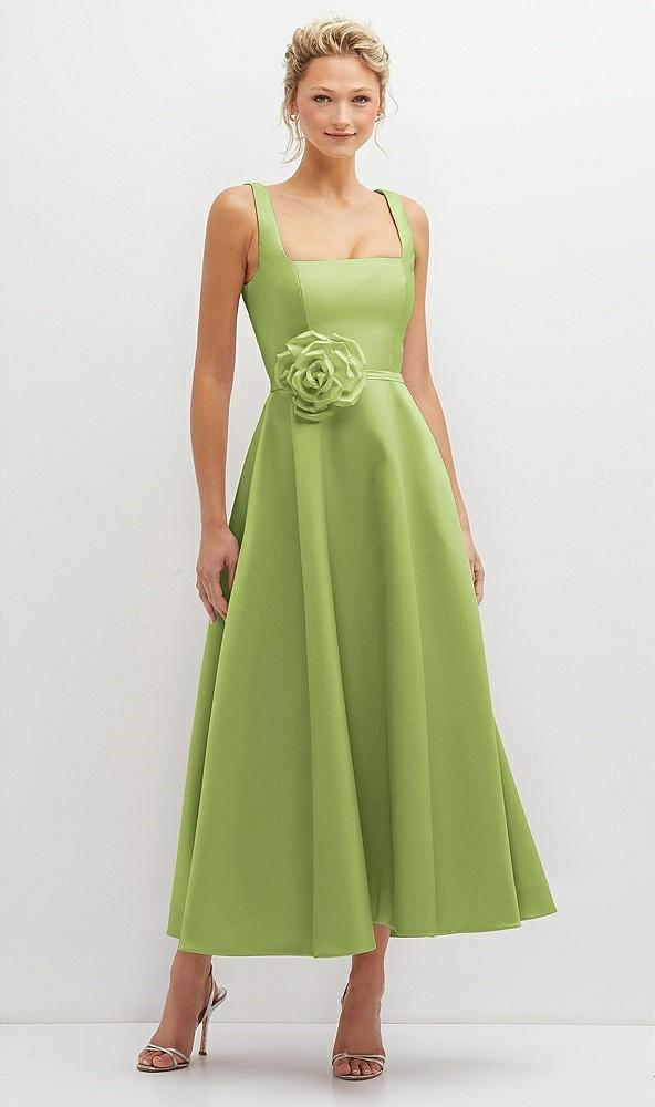 square neck satin midi dress with full skirt & flower sash