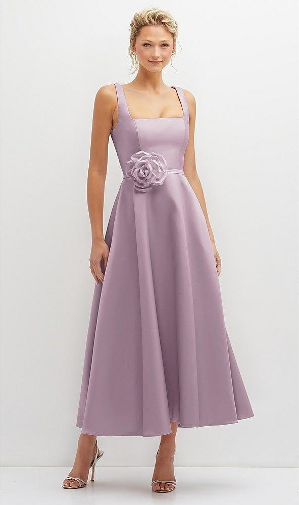 square neck satin midi dress with full skirt & flower sash