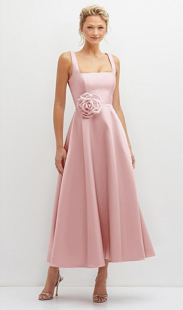square neck satin midi dress with full skirt & flower sash
