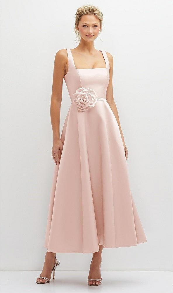 square neck satin midi dress with full skirt & flower sash