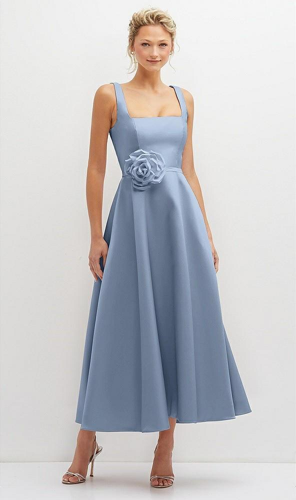 square neck satin midi dress with full skirt & flower sash