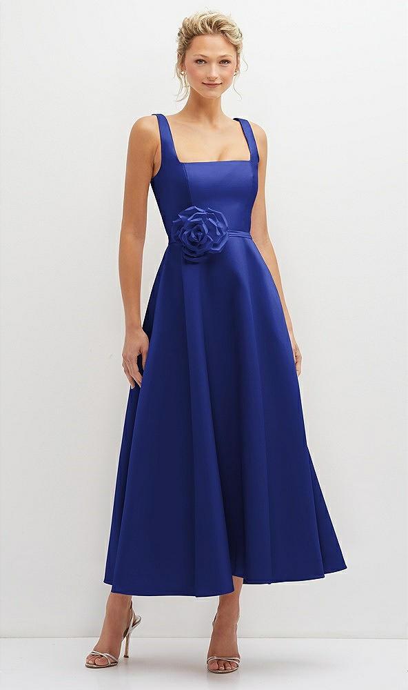 square neck satin midi dress with full skirt & flower sash