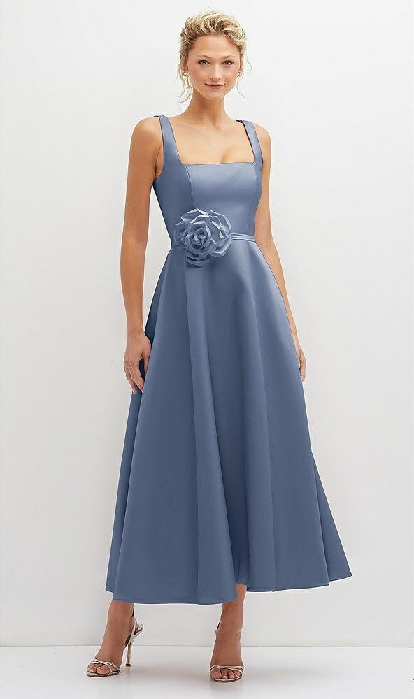 square neck satin midi dress with full skirt & flower sash