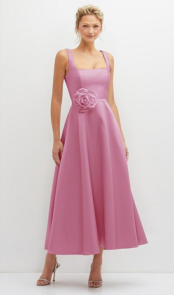 square neck satin midi dress with full skirt & flower sash