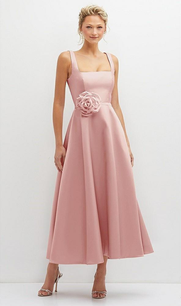 square neck satin midi dress with full skirt & flower sash