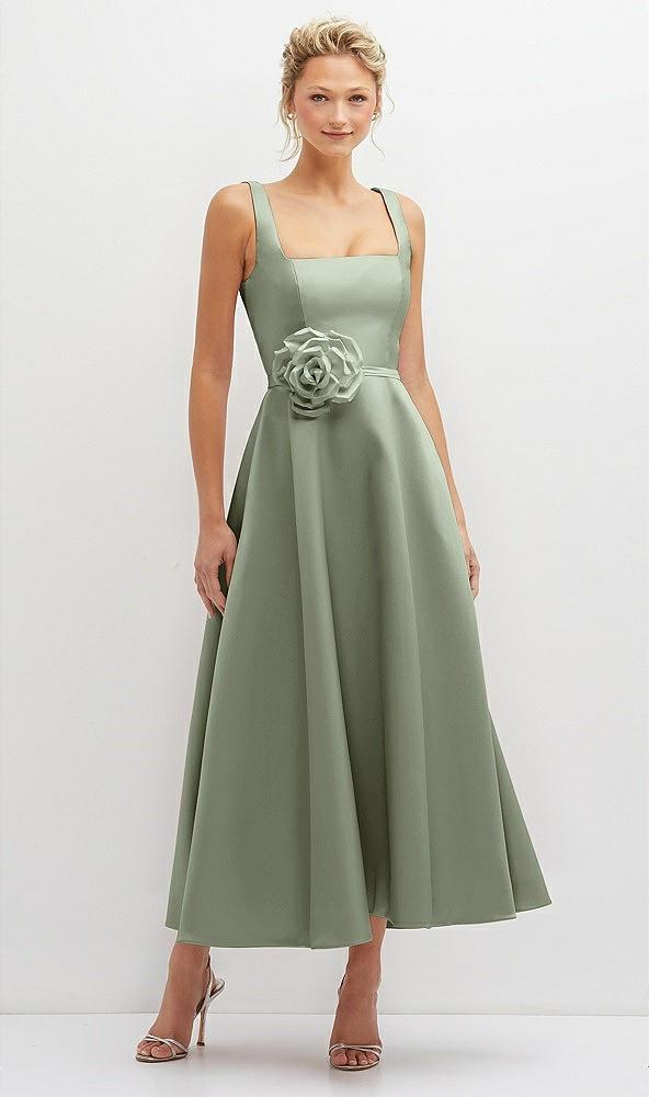 square neck satin midi dress with full skirt & flower sash