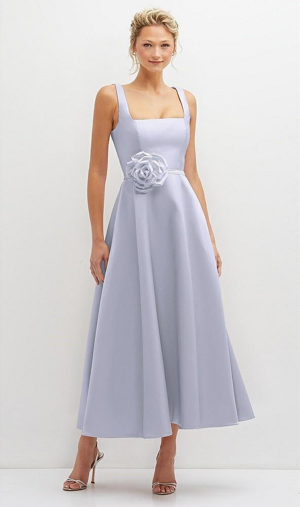 square neck satin midi dress with full skirt & flower sash