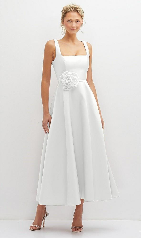 square neck satin midi dress with full skirt & flower sash