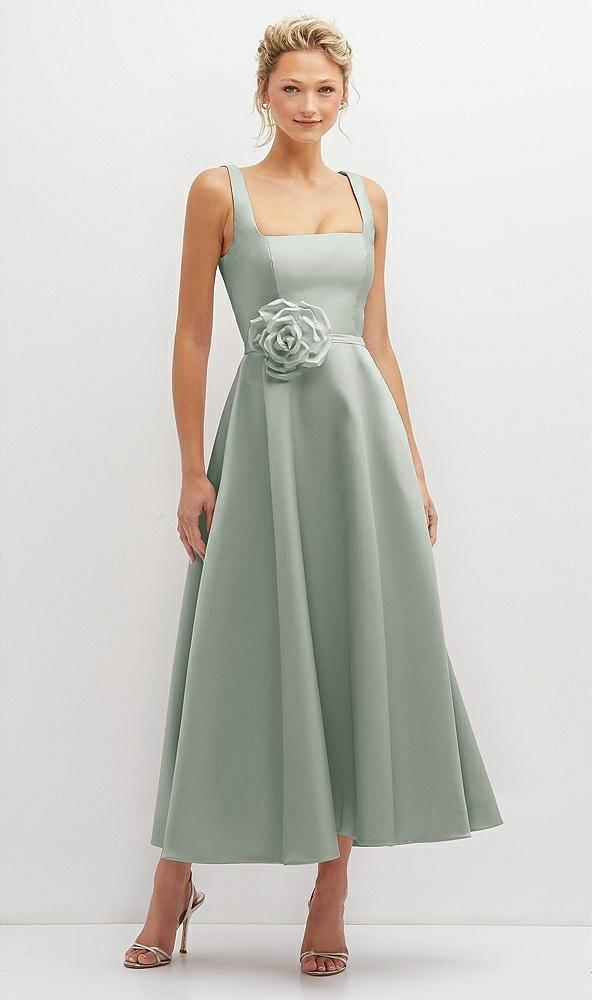 square neck satin midi dress with full skirt & flower sash