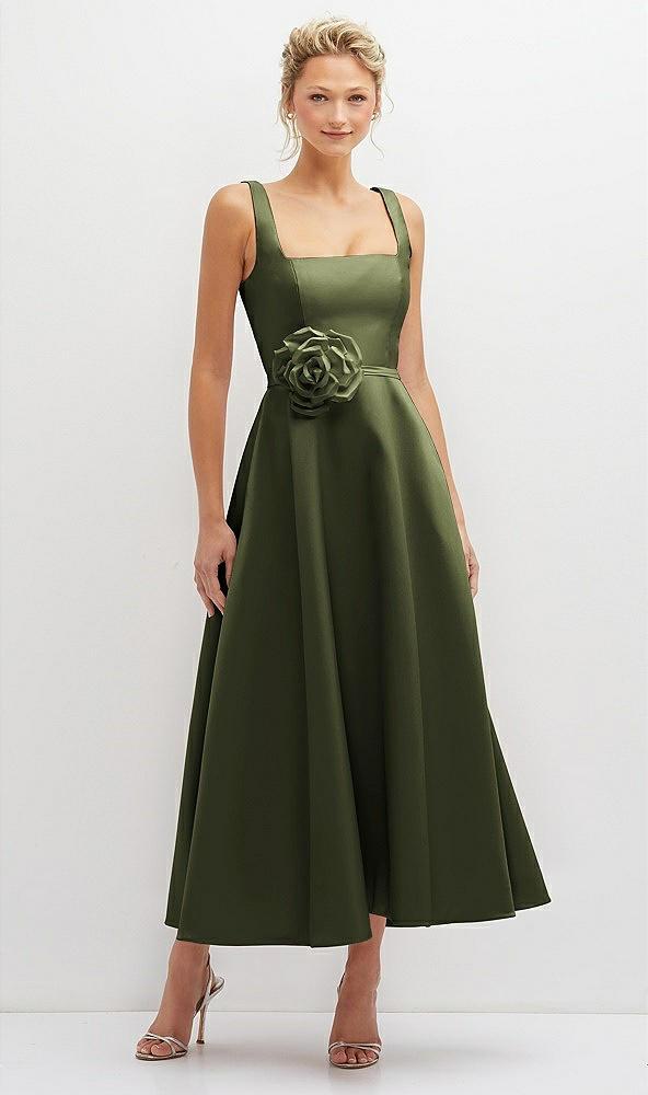 square neck satin midi dress with full skirt & flower sash