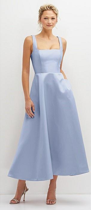 square neck satin midi dress with full skirt & pockets