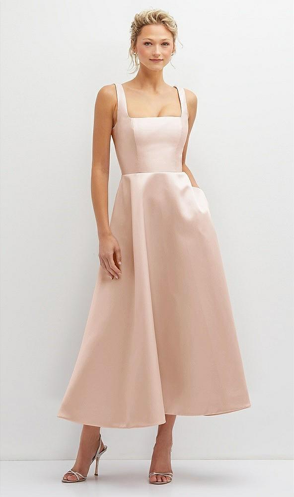 square neck satin midi dress with full skirt & pockets
