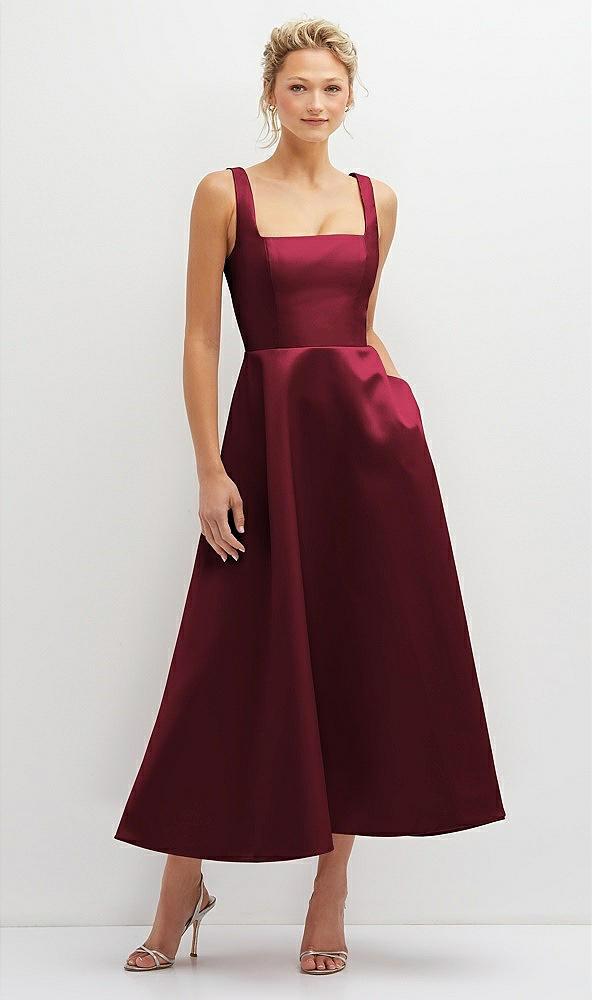 square neck satin midi dress with full skirt & pockets