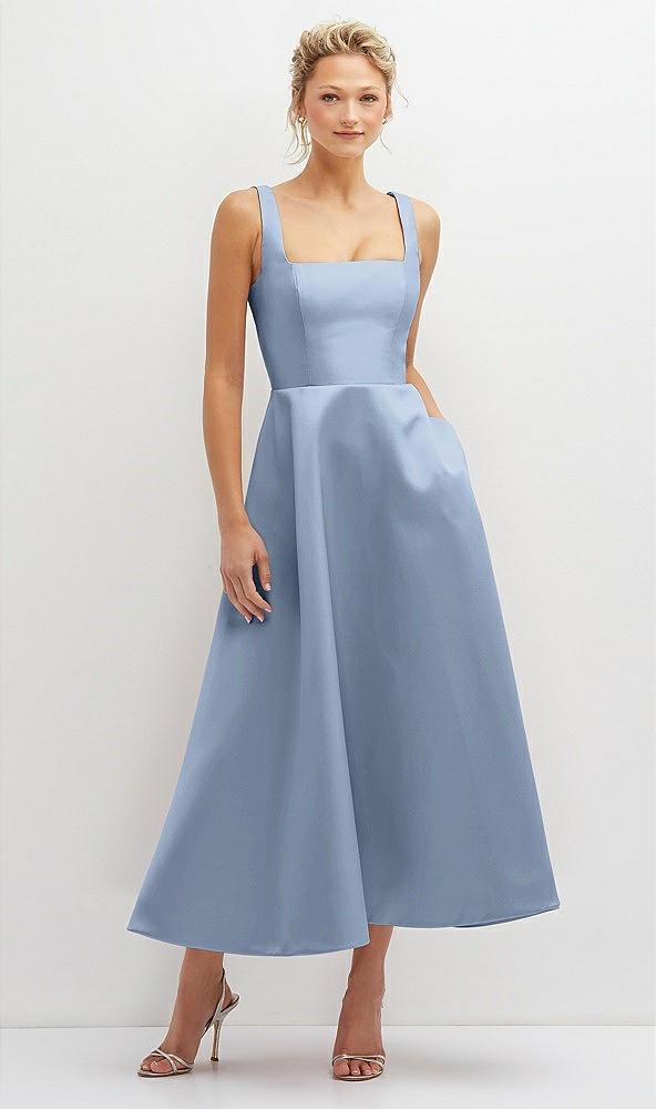 square neck satin midi dress with full skirt & pockets