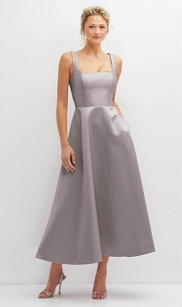 square neck satin midi dress with full skirt & pockets