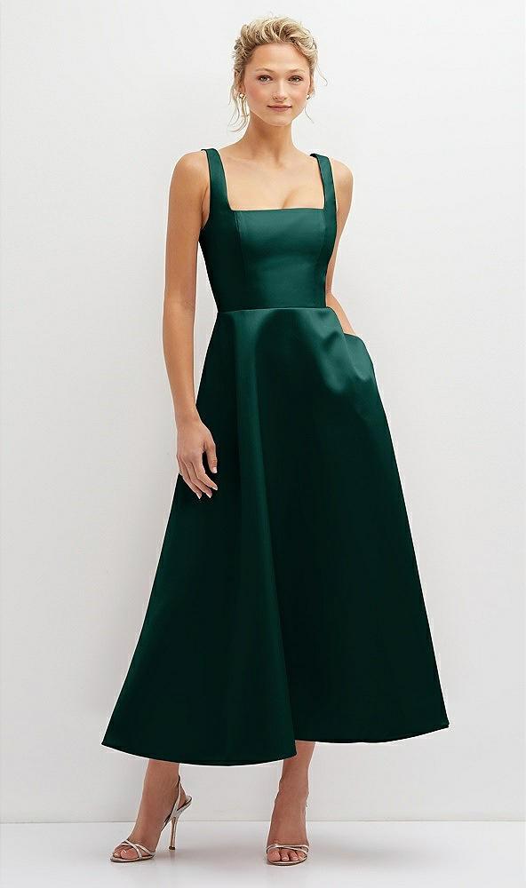 square neck satin midi dress with full skirt & pockets