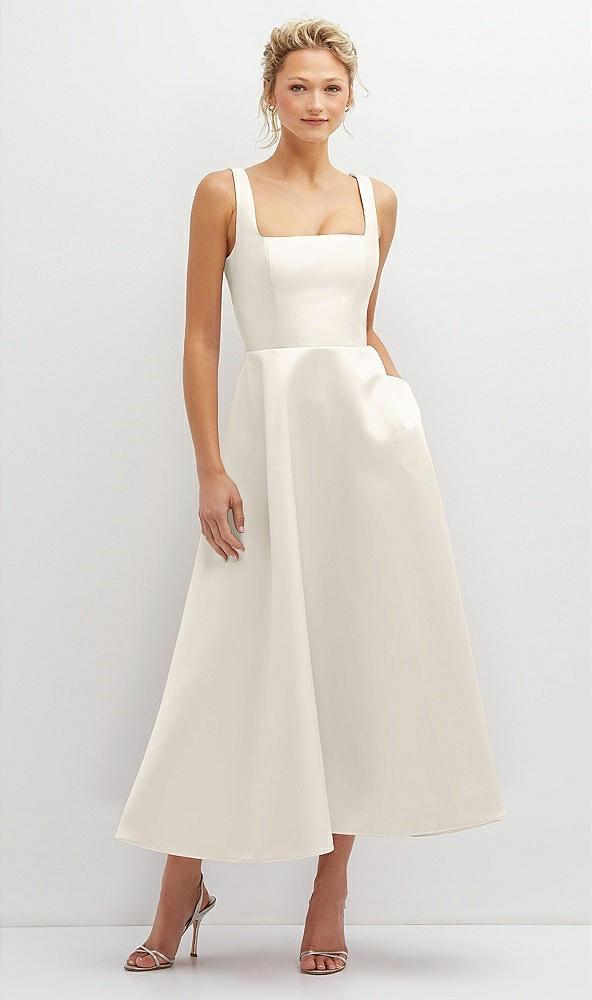 square neck satin midi dress with full skirt & pockets