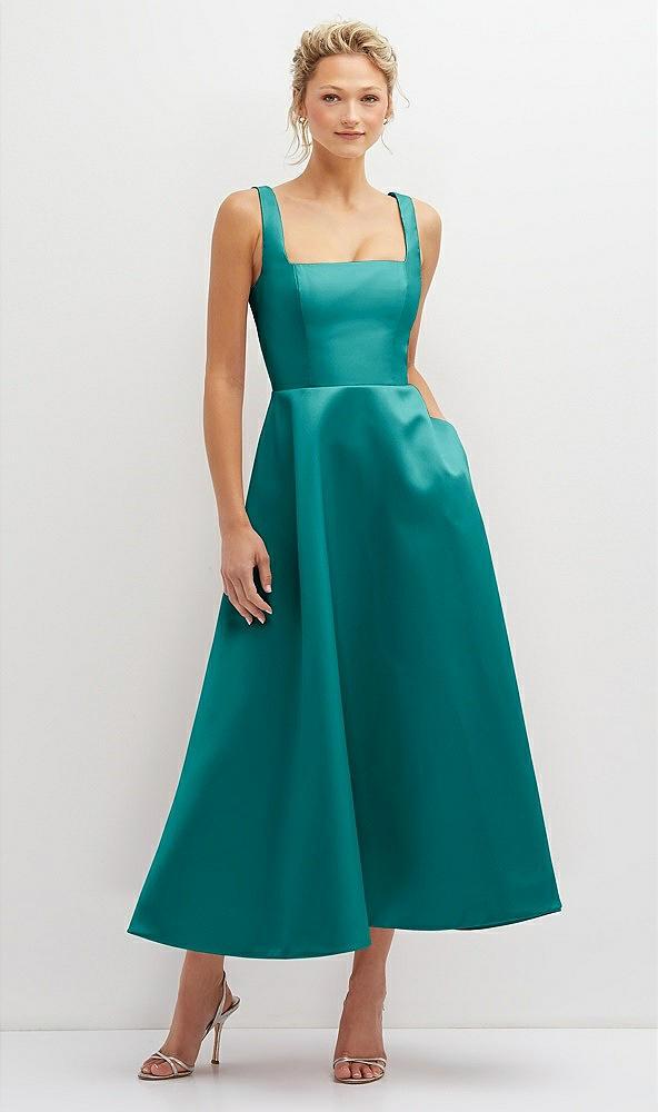 square neck satin midi dress with full skirt & pockets