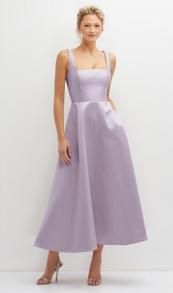 square neck satin midi dress with full skirt & pockets