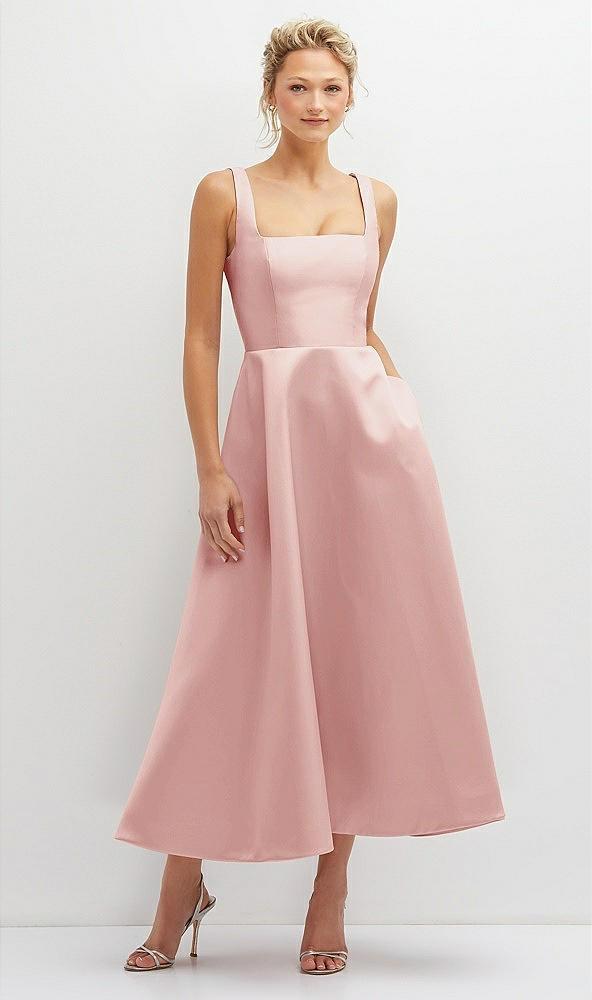 square neck satin midi dress with full skirt & pockets